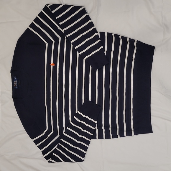 Polo Ralph Lauren Navy Orange Logo Striped Cotton Knit Sweater Men’s Large L - Picture 2 of 7